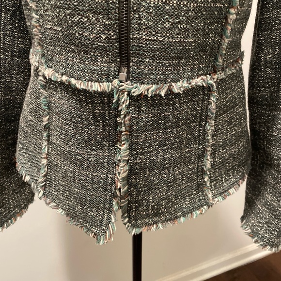 W by Worth Cypress Gray Tweed Peplum Grommet Jacket Size2 Tailored Frayed Fringe - Picture 5 of 11
